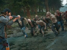 Deacon points his gun at a large swarm of zombies