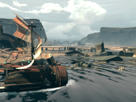 Far: Changing Tides screenshot showing a makeshift boat sailing past desert mesas.