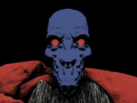 An ominous blue face with red eyes