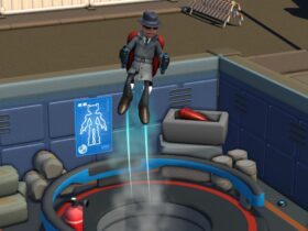 A spy student using a jetpack