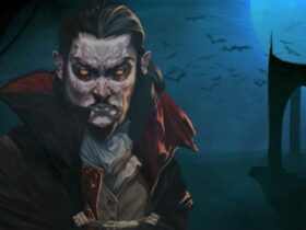 Dracula himself looking at camera face on with blue background and castle off to side