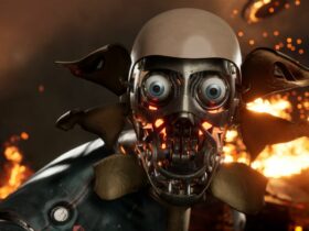 An image of an enemy robot in Atomic Heart screaming at the player.
