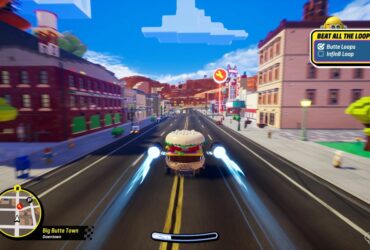 A burger car racing down a city street in Lego 2K Drive.
