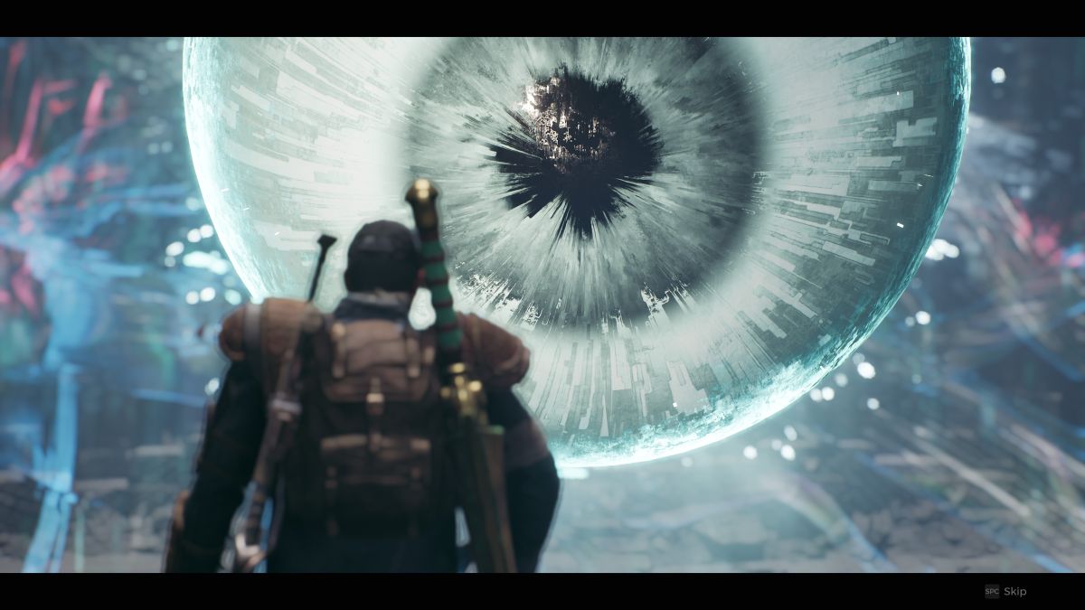 A character being confronted by an enormous eyeball in Remnant 2.